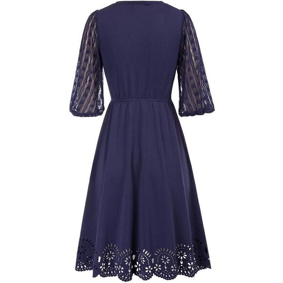 NWT Romantic Elegant Lace Lantern Sleeve A Line Cut Out Swing Skater Navy Dress - Picture 7 of 16